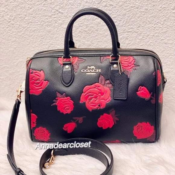 Coach Rowan Large Satchel Bag With Floral Print CCE27 in Black/Red - Picture 8 of 15